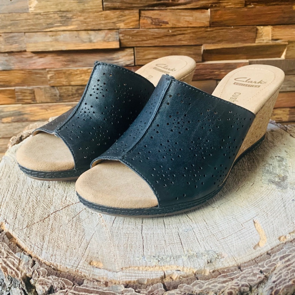 Clarks Black Wedge Sandals with Open Toe